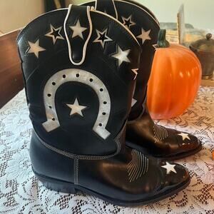 T.U.K. black cowboy boots with silver horseshoe detail